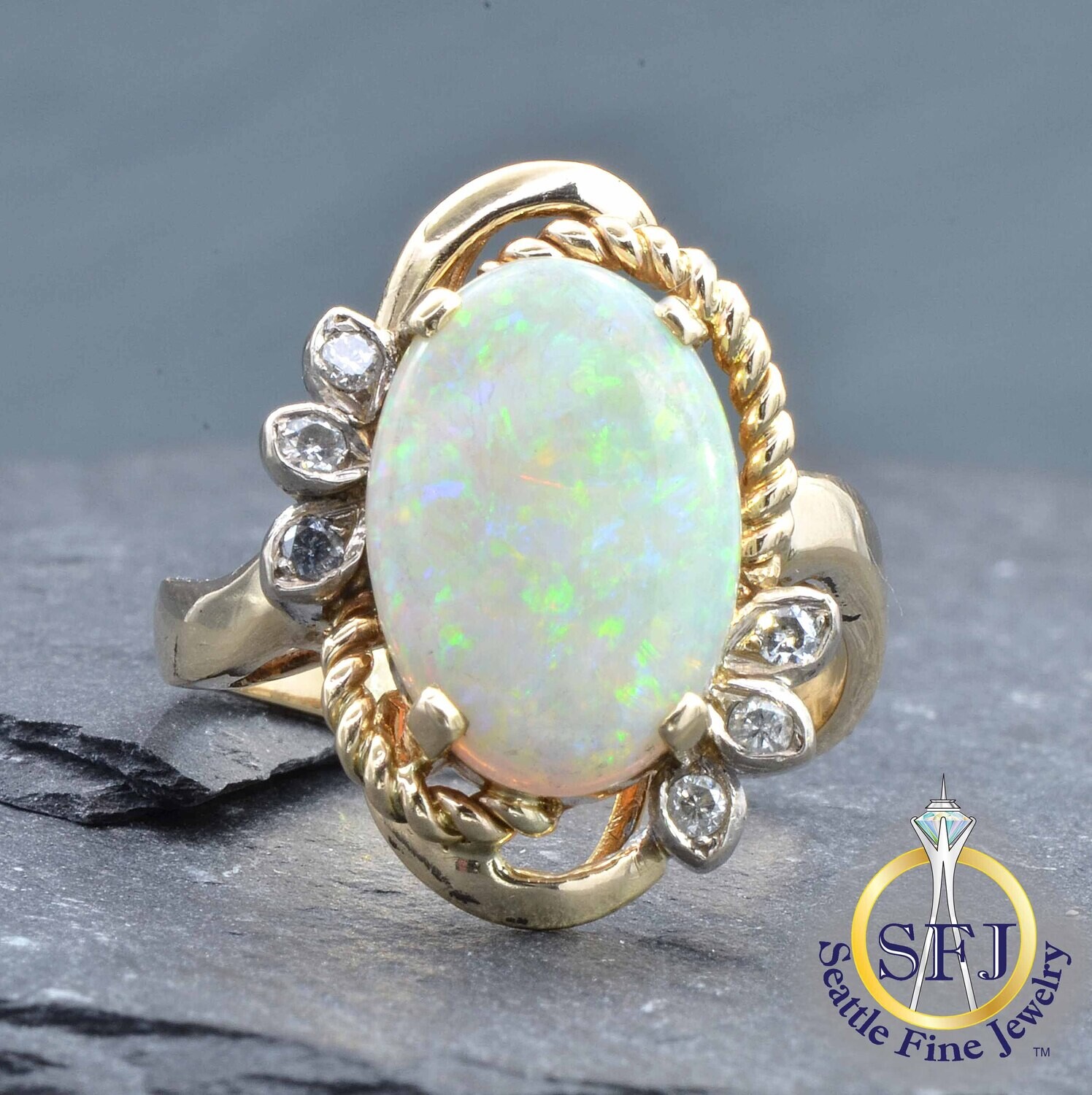 Opal and Diamond Filigree Halo Ring, Solid 14K Yellow Gold