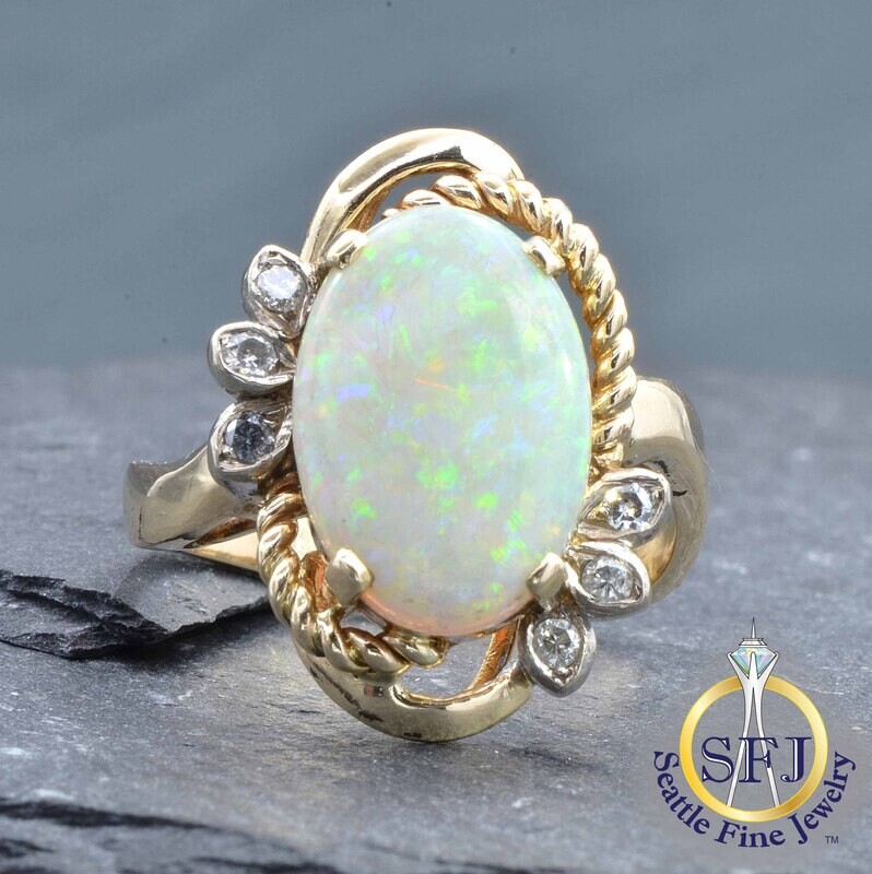 Opal and Diamond Filigree Halo Ring, Solid 14K Yellow Gold