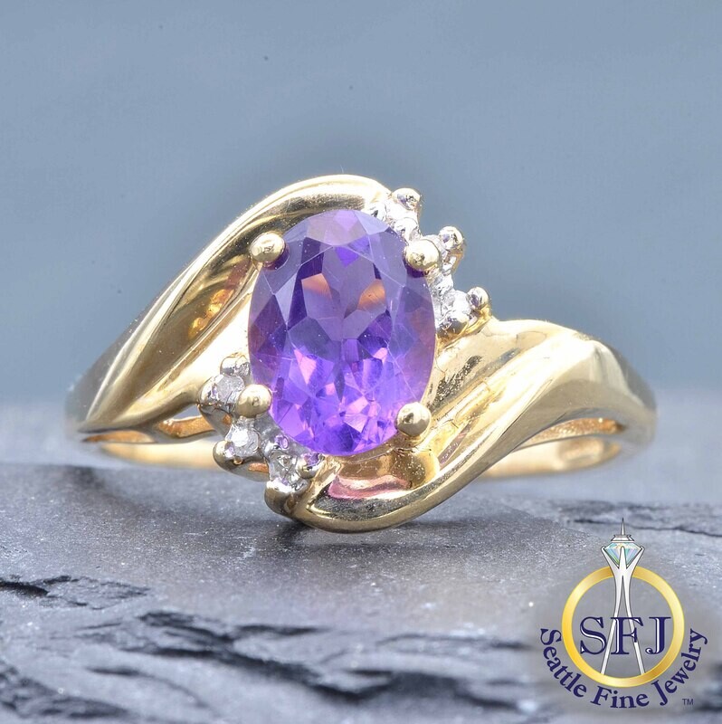 Amethyst and Diamond Bypass Ring, Solid 14K Yellow Gold