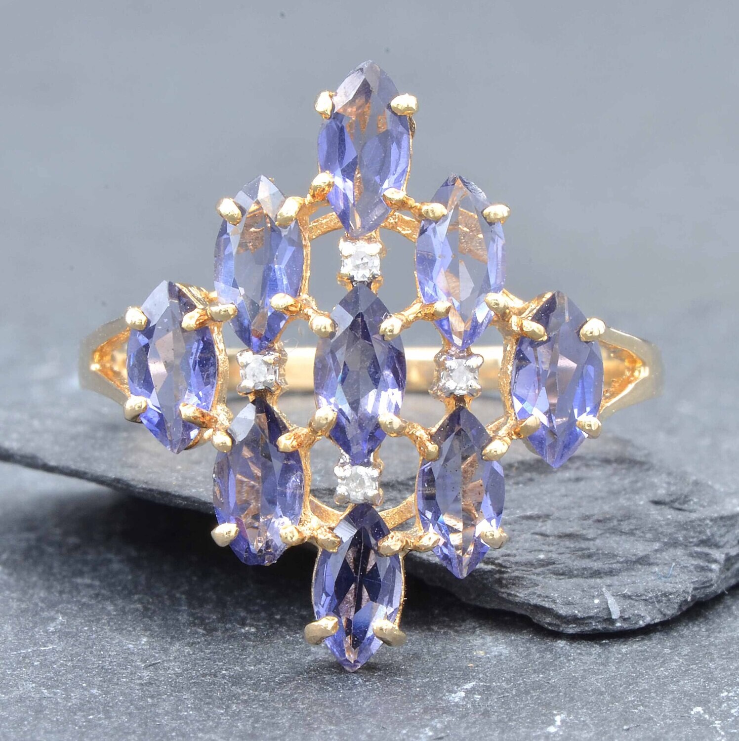 Marquise Tanzanite and Diamond Harlequin Cluster Ring, Solid 14K Yellow Gold
