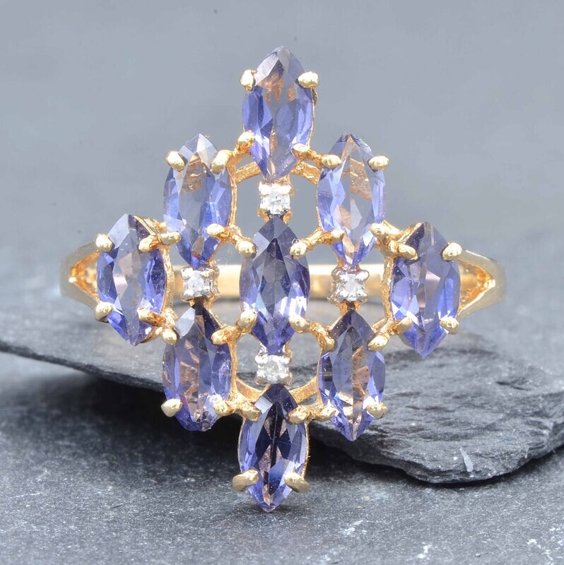 Marquise Tanzanite and Diamond Harlequin Cluster Ring, Solid 14K Yellow Gold