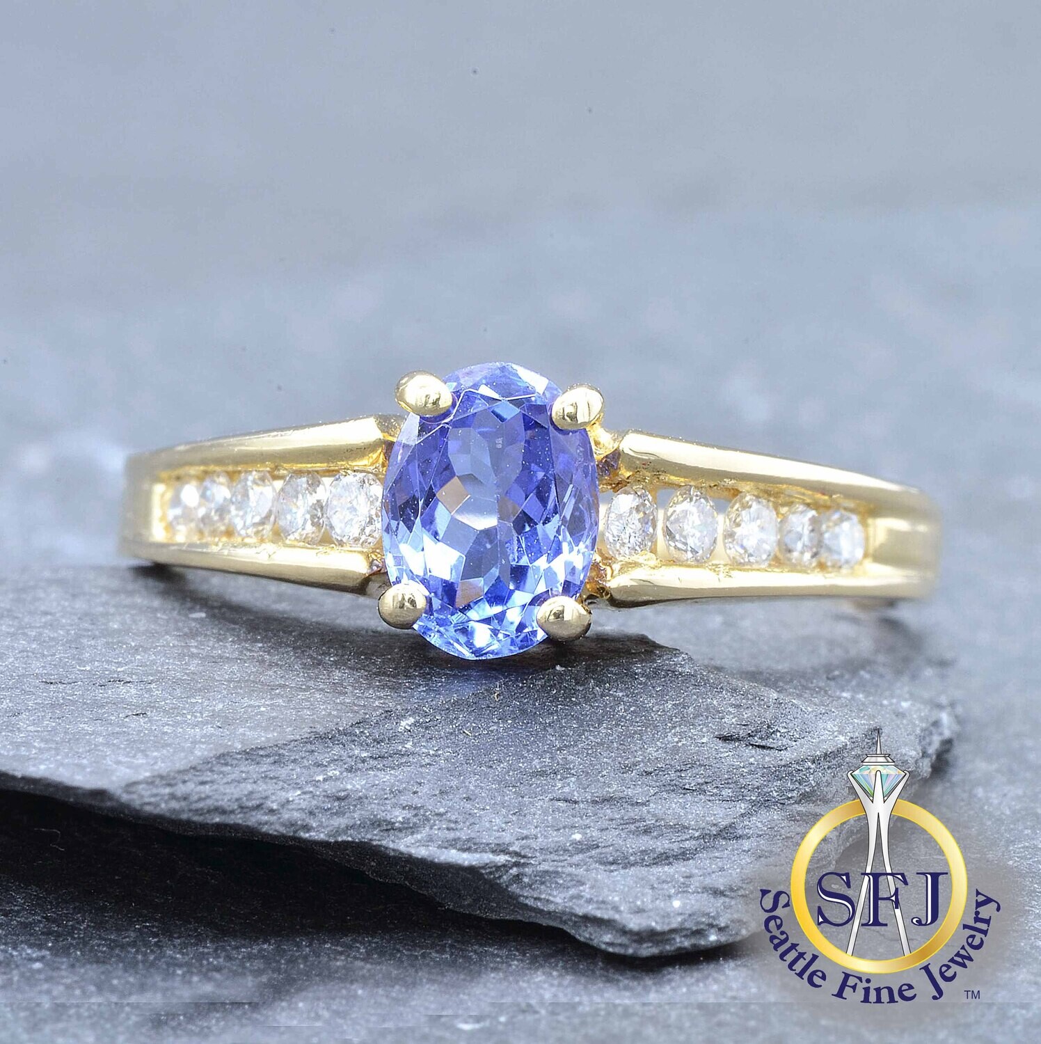 Tanzanite and Diamond Ring, Solid 14K Yellow Gold