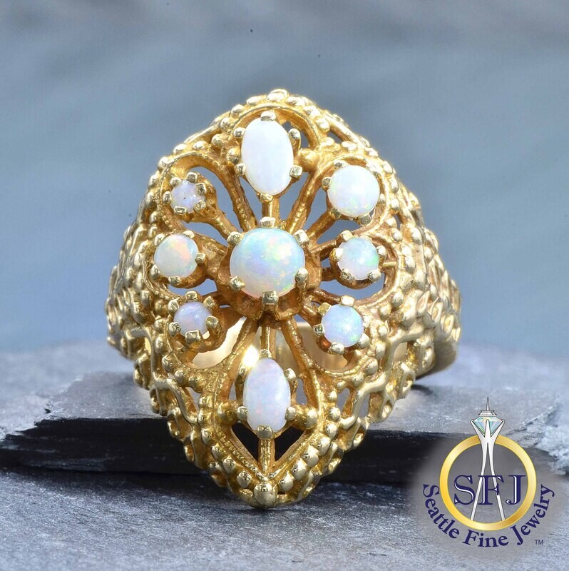 Opal Ornate Filigree Pear Cluster Ring, Solid 14K Yellow Gold