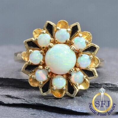 Opal and Black Enamel Floral Cluster Ring, Solid 14K Yellow Gold