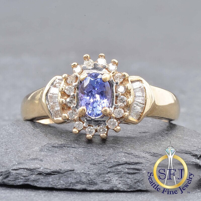 Tanzanite and Diamond Halo Ring, Solid 10K Yellow Gold