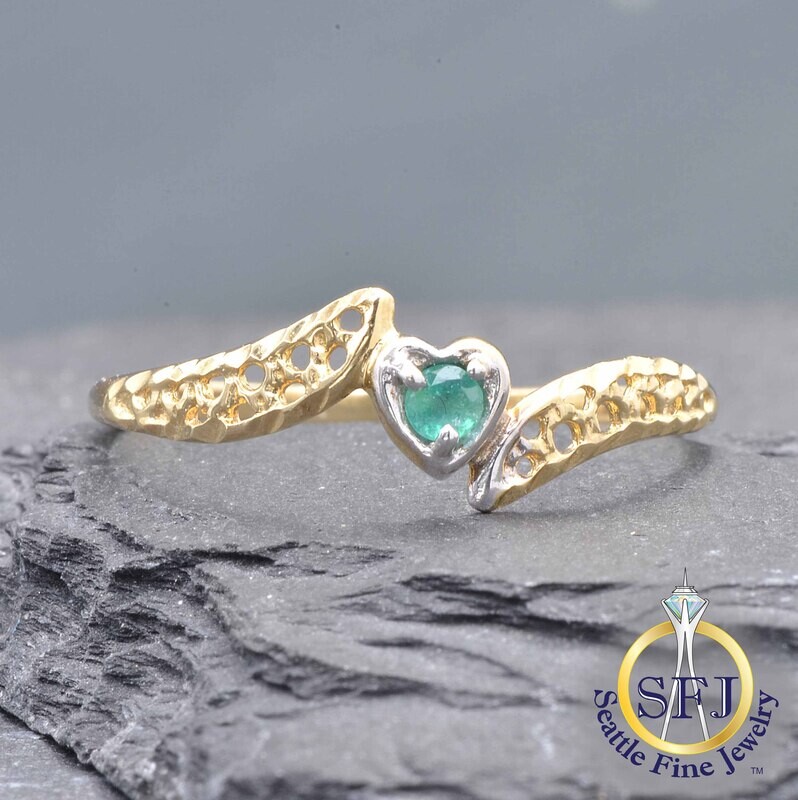 Emerald Solitaire Filigree Bypass Heart Ring, Solid 10K Yellow Gold