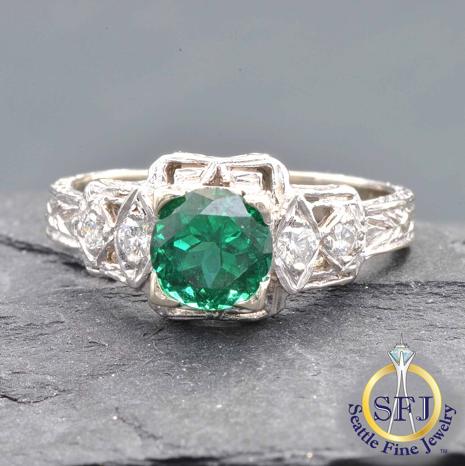 Emerald and Diamond Square Halo Milgraine Ring, Solid 14K White Gold
