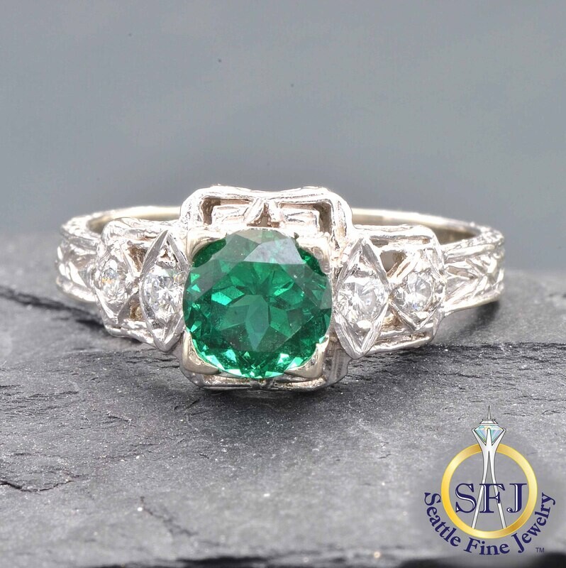 Emerald and Diamond Square Halo Milgraine Ring, Solid 14K White Gold