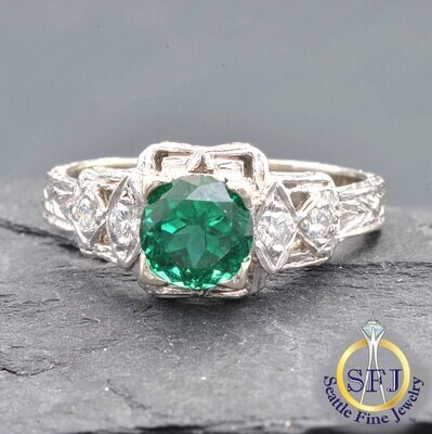 Lab Emerald and Diamond Ring, Solid 14k White Gold