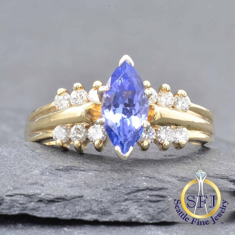Marquise Tanzanite and Diamond Ring, Solid 14K Yellow Gold