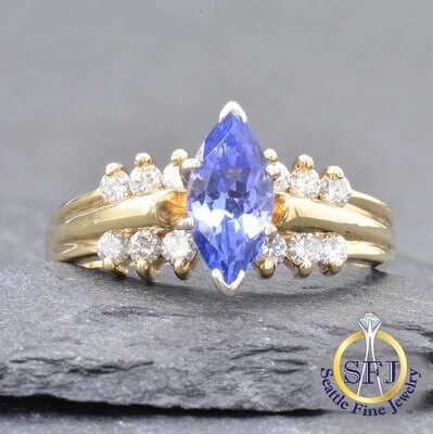 Tanzanite and Diamond Ring, Solid 14k Yellow Gold