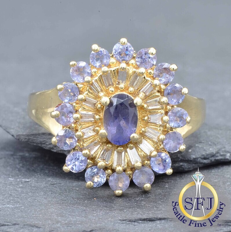 Tanzanite and Diamond Double-Halo Ring, Solid 14K Yellow Gold