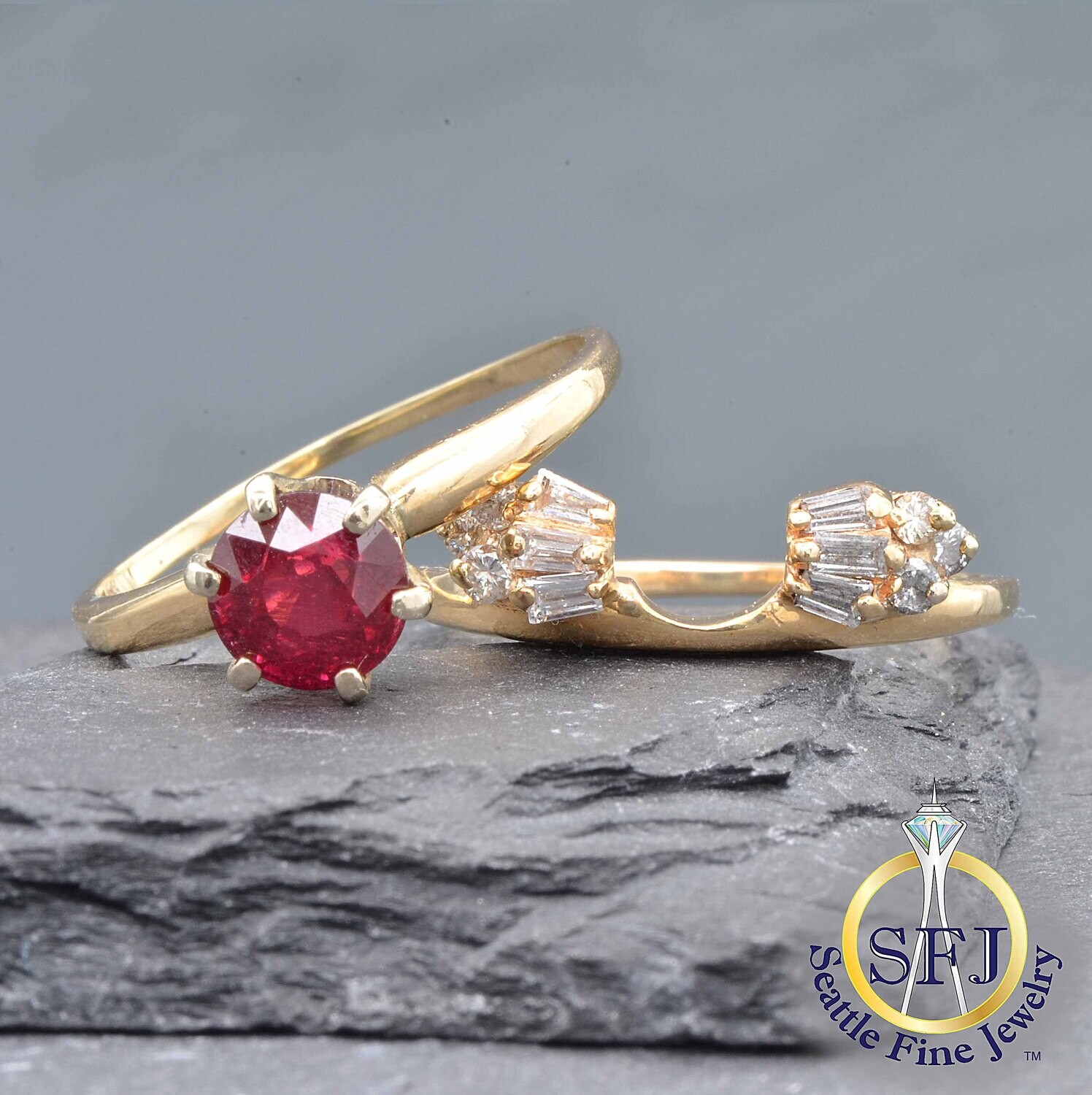 Ruby and Diamond Two-Ring Wedding Set, Solid 14K Yellow Gold