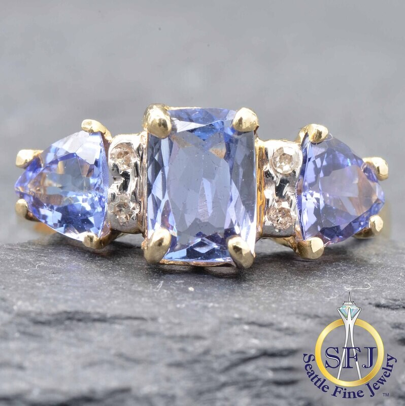 Tanzanite 3-Stone and Diamond Accents Ring, Solid 18K Yellow Gold