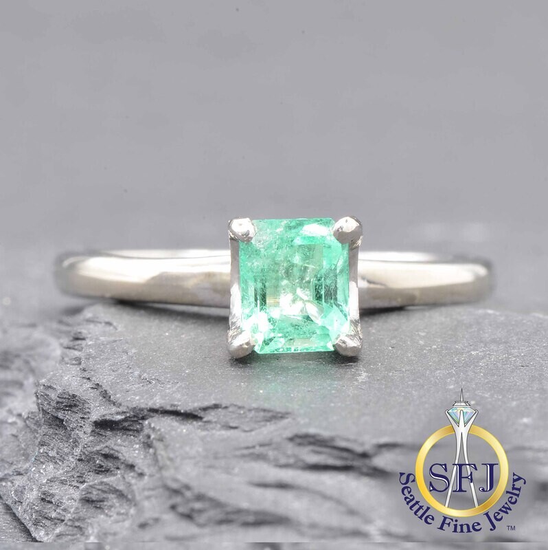 Emerald Solitaire Ring, Solid 18K White Gold