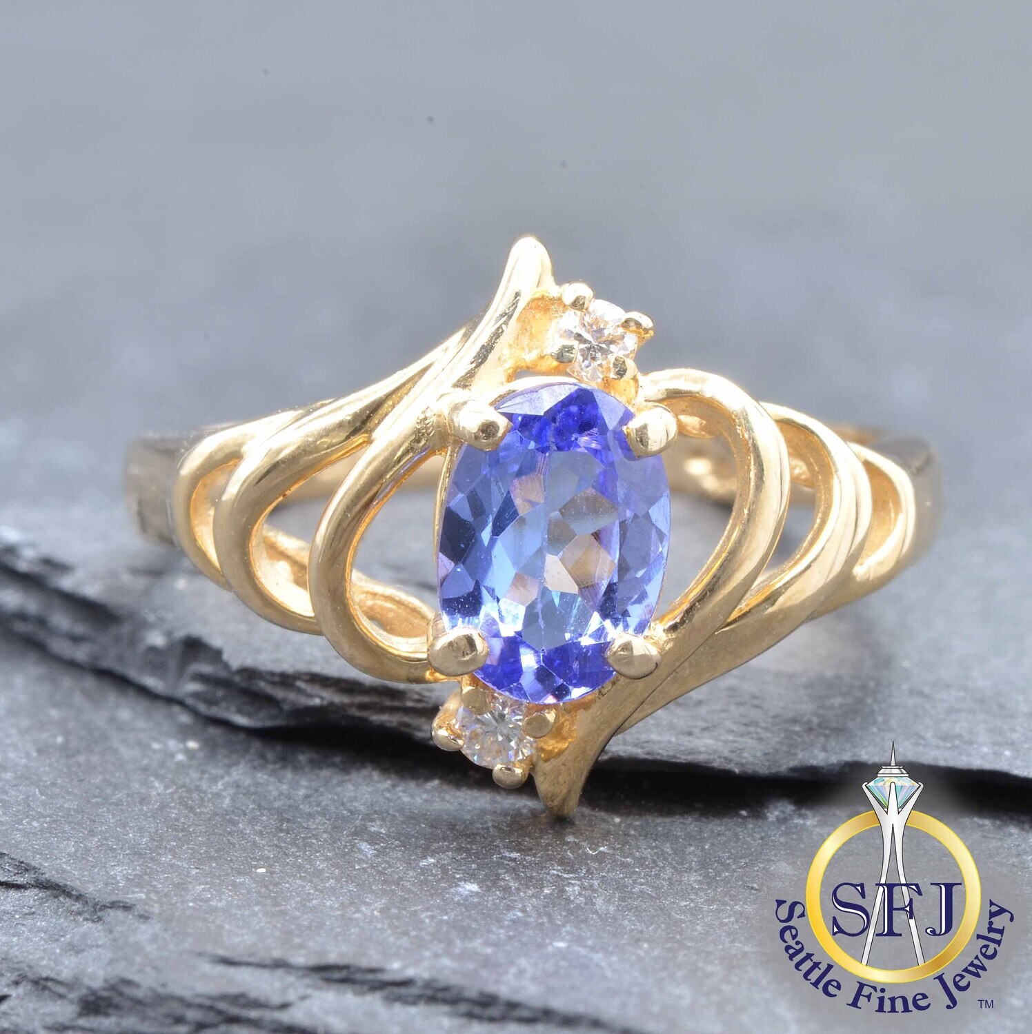 Tanzanite and Diamond Pointed Swirl Ring, Solid 14K Yellow Gold