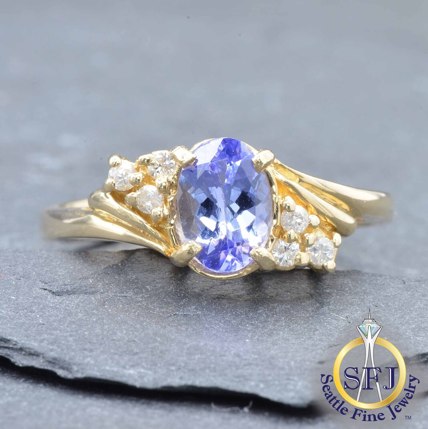 Multicolor Tanzanite and Diamond Ring, Solid 14k Yellow Gold