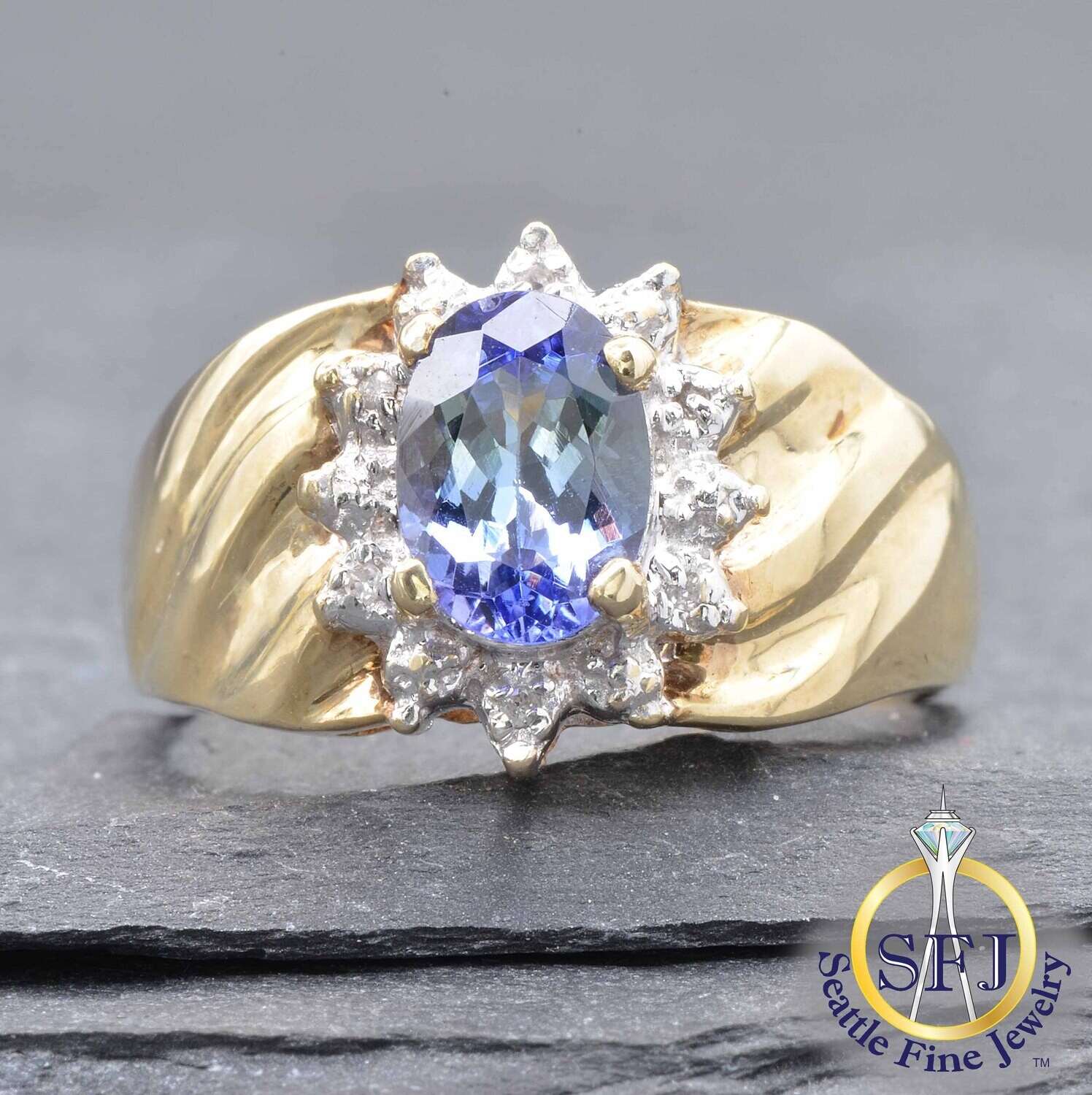 Multicolor Tanzanite and Diamond Halo Ring, Solid 10K Yellow Gold