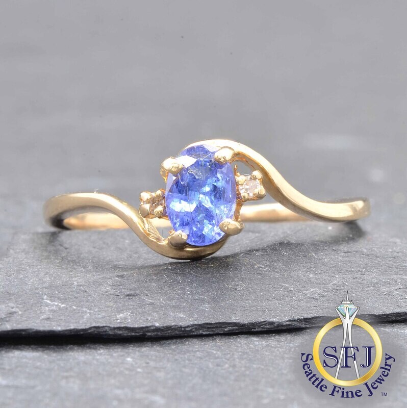 Tanzanite and Diamond Bypass Ring, Solid 14K Yellow Gold