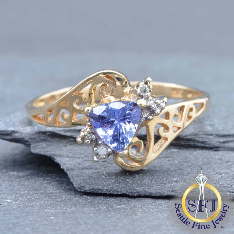 Tanzanite and Diamond Filigree Bypass Ring, Solid 14K Yellow Gold