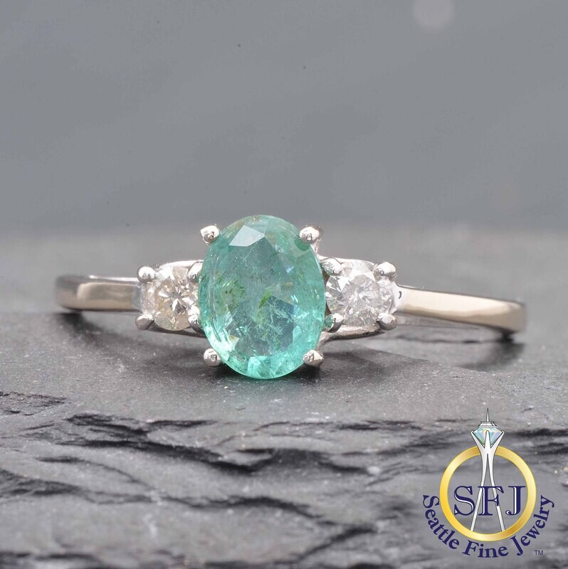 Emerald and Diamond Ring, Solid 14K White Gold