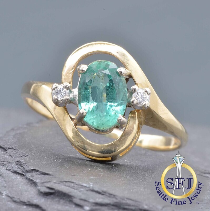 Emerald and Diamond Swirl Halo Ring, Solid 14K Yellow Gold