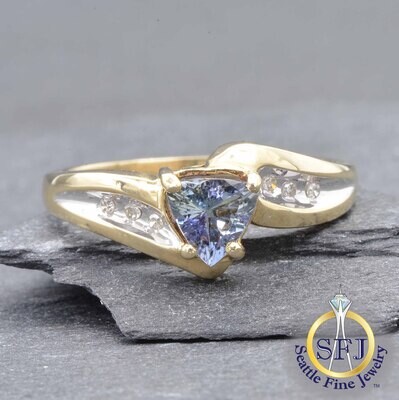 Trilliant-Cut Multicolor Tanzanite and Diamond Ring, Solid 10K Yellow Gold