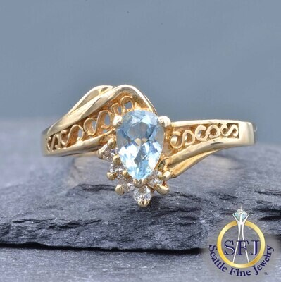 Aquamarine and Diamond Ring, Solid 14k Yellow Gold