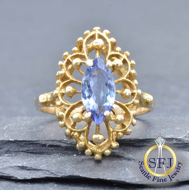 Marquise Multicolor Tanzanite Solitaire Filigree Ring, Solid 14K Yellow Gold