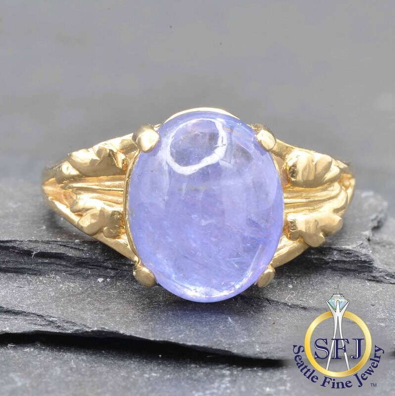 Cabochon Tanzanite Handmade Leaf Ring, Solid 14K Yellow Gold