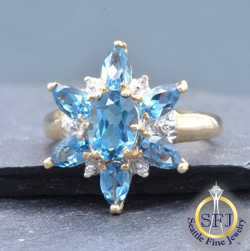 London Blue Topaz and Diamond Starburst Ring, Solid 10K Yellow Gold
