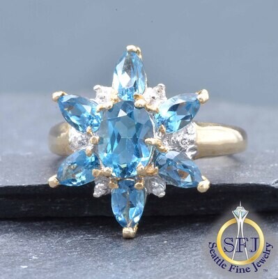 London Blue Topaz and Diamond Ring, Solid 10k Yellow Gold