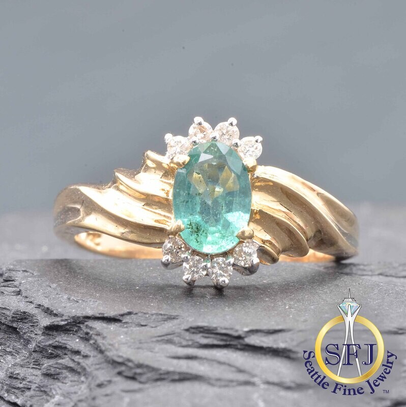 Emerald and Diamond Half-Halo Bypass Ring, Solid 14K Yellow Gold