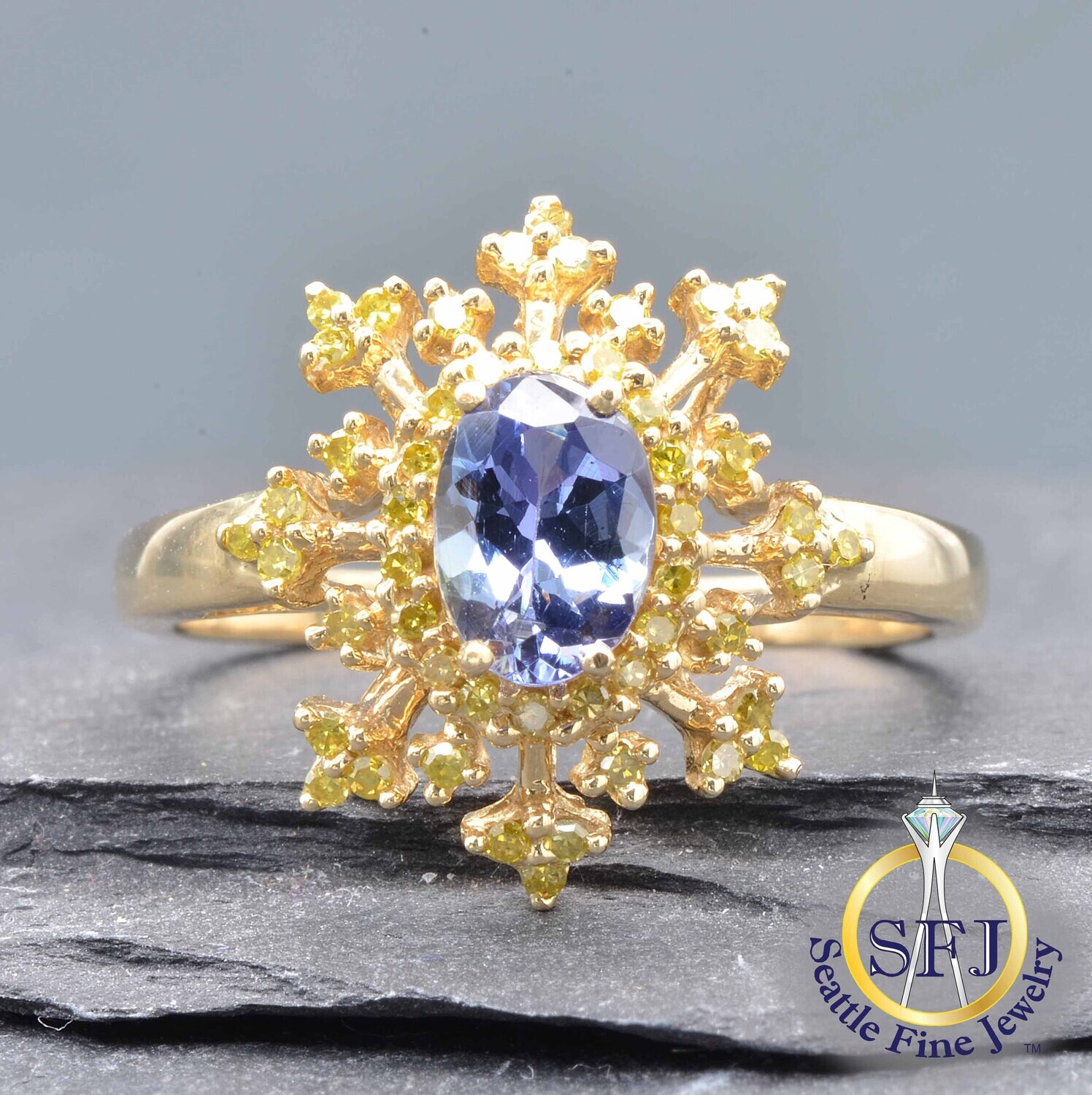 Tanzanite and Yellow Diamond Snowflake Ring, Solid 14K Yellow Gold