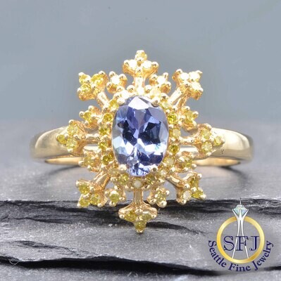 Tanzanite and Yellow Diamond Snowflake Ring, Solid 14K Yellow Gold