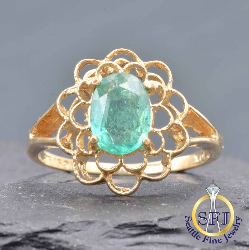 Emerald Solitaire Scalloped Floral Halo Ring, Solid 10K Yellow Gold