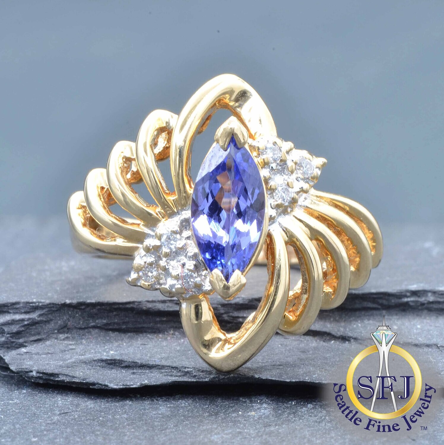 Marquise Tanzanite and Diamond Swirled Bypass Ring, Solid 14K Yellow Gold