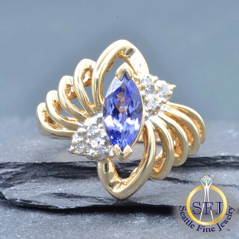 Marquise Tanzanite and Diamond Swirled Bypass Ring, Solid 14K Yellow Gold
