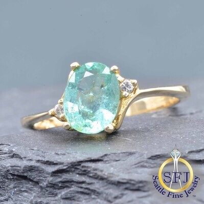 Emerald and Diamond Ring, Solid 14k Yellow Gold