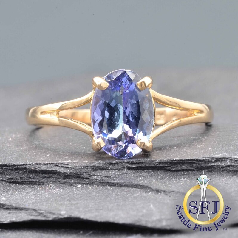 Multicolor Tanzanite Solitaire Ring, Solid 14K Yellow Gold