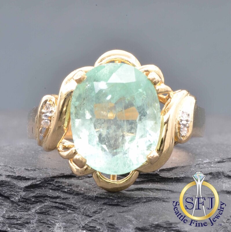 Emerald and Diamond Filigree Halo Ring, Solid 14K Yellow Gold