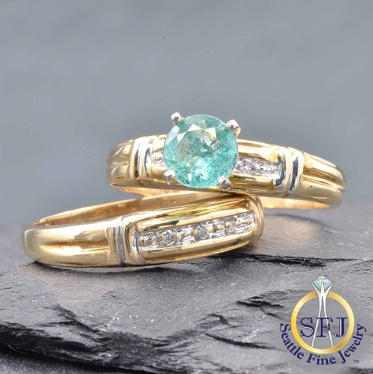Midcentury Emerald and Diamond 2-Ring Wedding Set, Solid 10K Yellow Gold
Midcentury Emerald and Diamond 2-Ring Wedding Set, Solid 10K Yellow Gold
