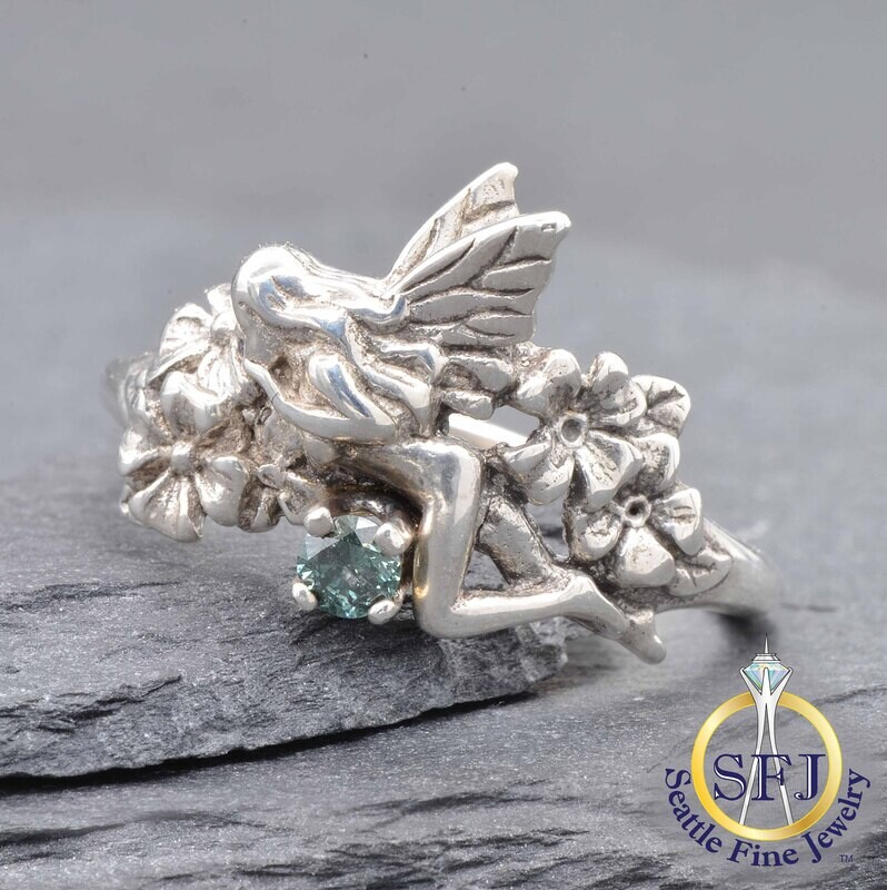Blue Diamond Fairy & Floral Ring, Solid Sterling Silver