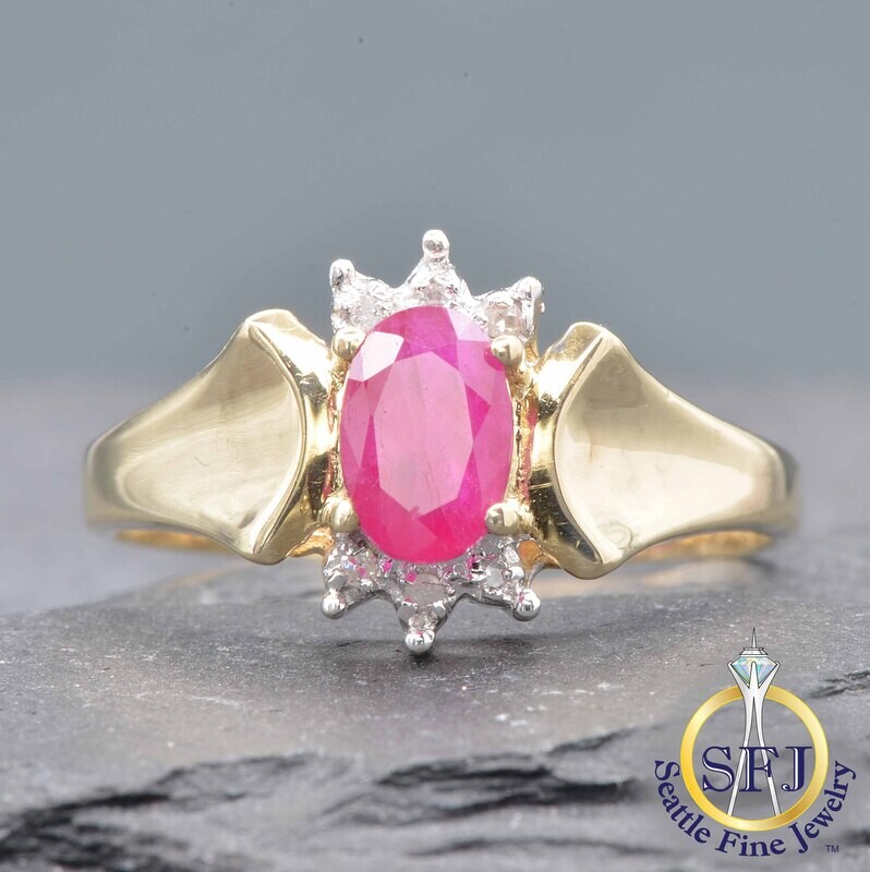 Ruby and Diamond Fluted Half-Halo Ring, Solid 14K Yellow Gold