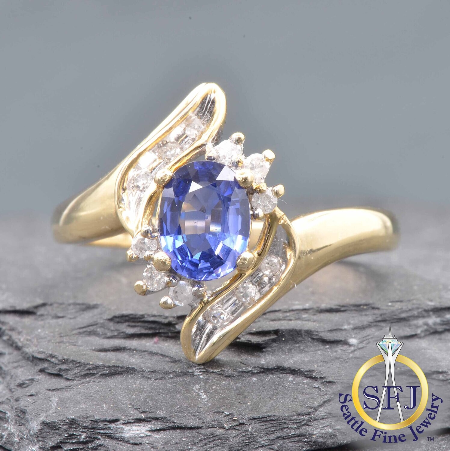 Sapphire and Diamond Swirled Halo Bypass Ring, Solid 10K Yellow Gold