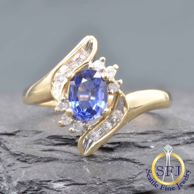 Sapphire and Diamond Swirled Halo Bypass Ring, Solid 10K Yellow Gold