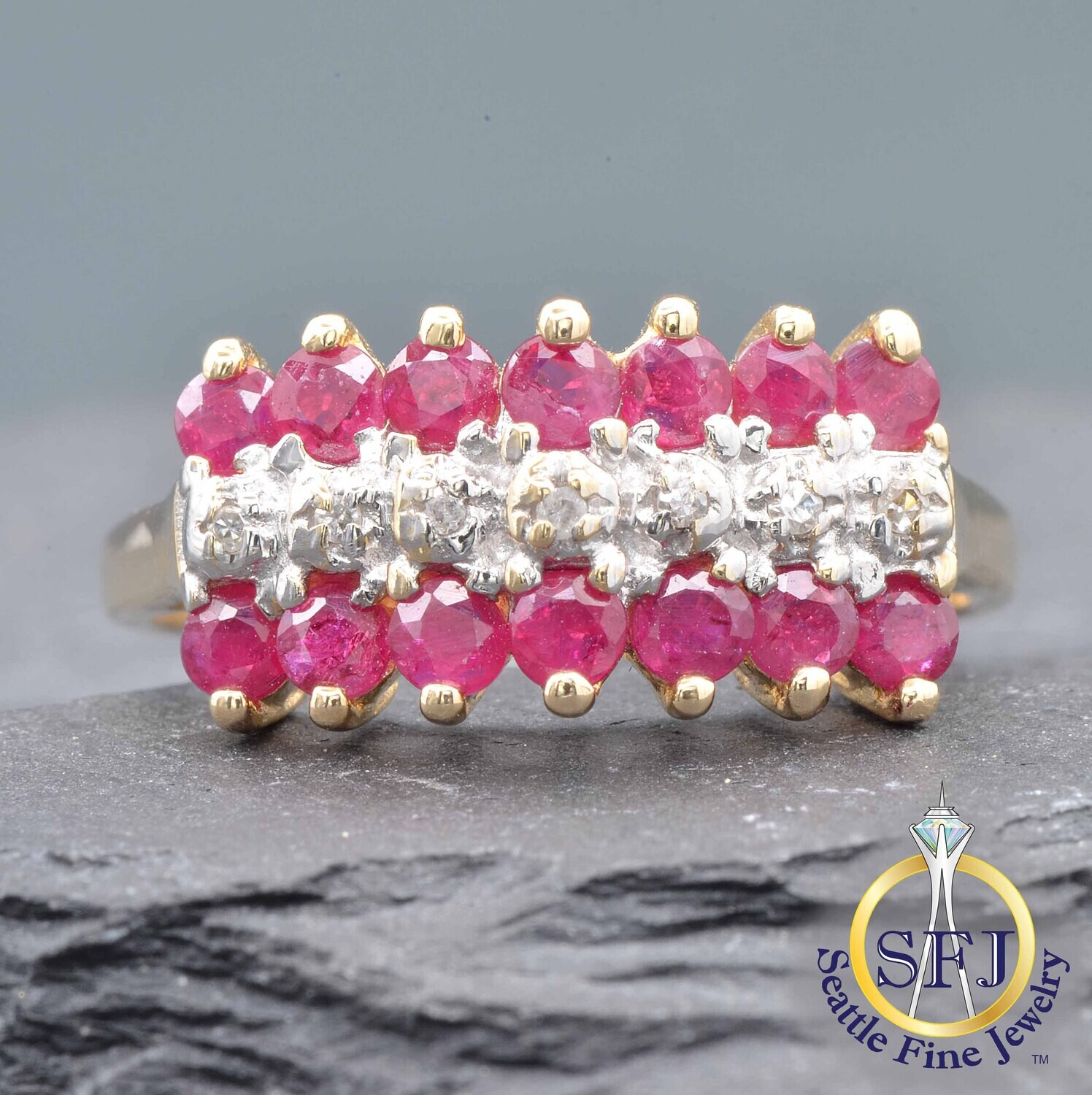 Ruby and Diamond Triple-Row Ring, Solid 10K Yellow Gold
