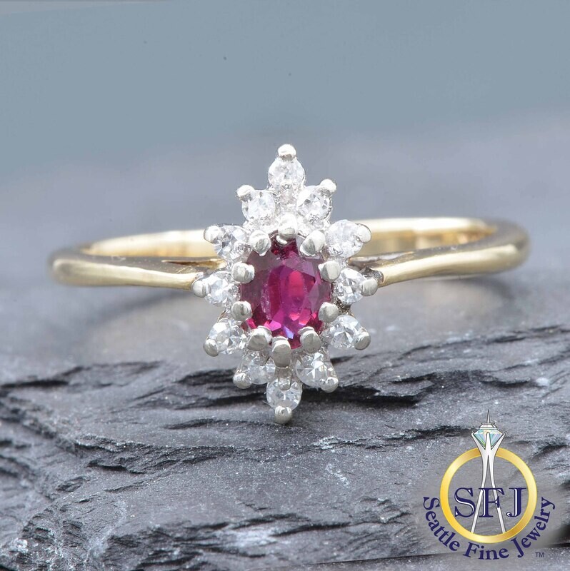 Oval Ruby and Diamond Marquise Halo Ring, Solid 14K Yellow Gold