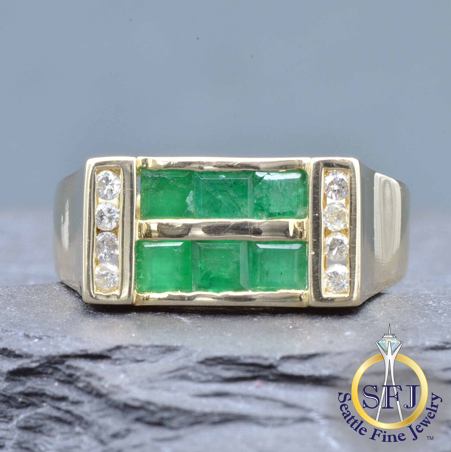 Emerald and Diamond Wide Double-Row Ring, Solid 14K Yellow Gold