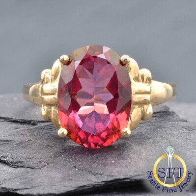 Red Topaz Solitaire Side-Ribbon Ring, Solid 10K Yellow Gold